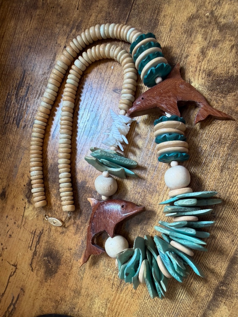 Vintage Carved Wood Dolphin Statement Necklace Chunky Teal Coconut Shell Bead